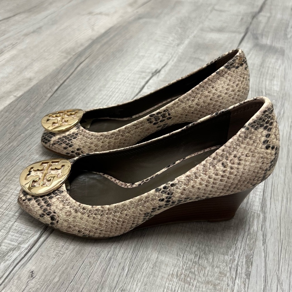 Tory Burch Python Embossed Leather Peep-Toe Wedge… - image 4